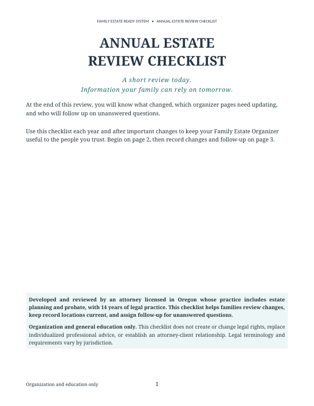 Actual printable PDF preview: Annual Estate Review Checklist