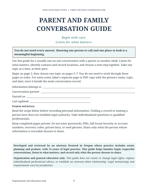 Actual printable PDF preview: Parent & Family Conversation Guide