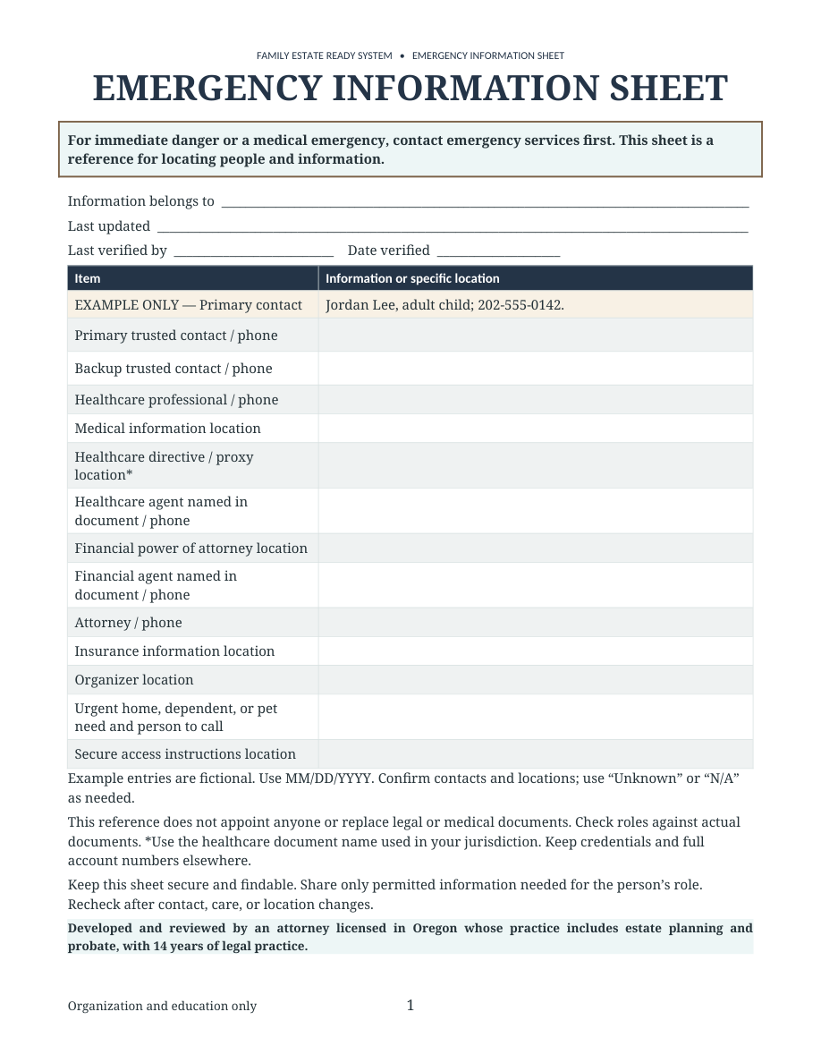 Actual printable PDF preview: Emergency Information Sheet