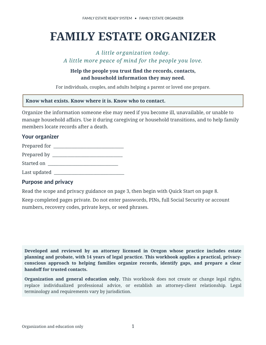 Actual printable PDF preview: Family Estate Organizer